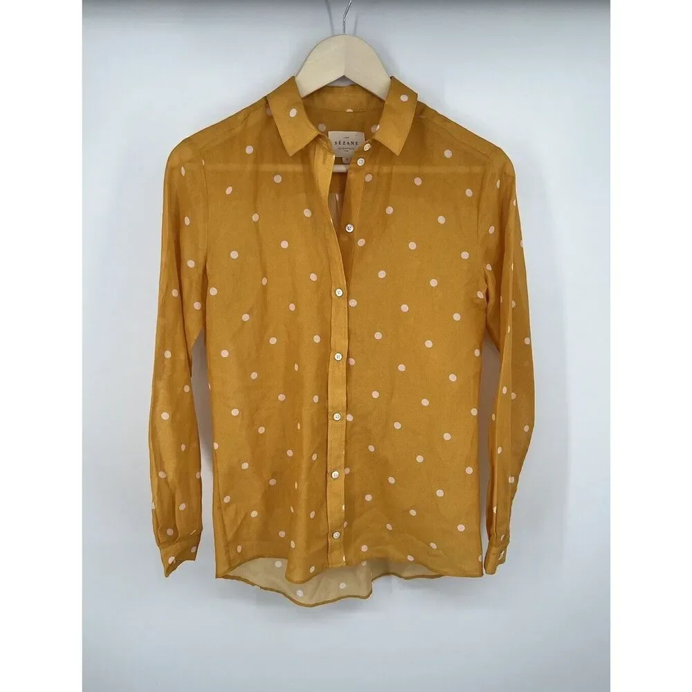 Sezane Ann Cotton Silk Blouse Polka Dot Ochre Yellow Size 34 US XS 2 - Picture 1 of 3